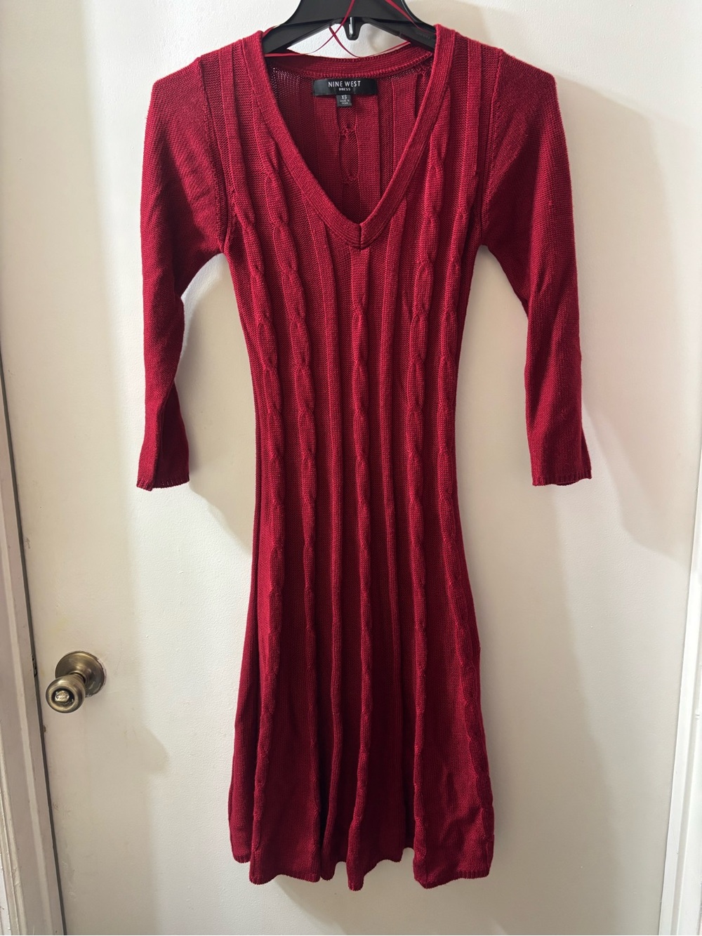 Nine West Burgundy Cable-Knit V-Neck Sweater Dress